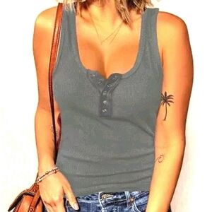 Grey Ribbed Tank Button Snap Accent